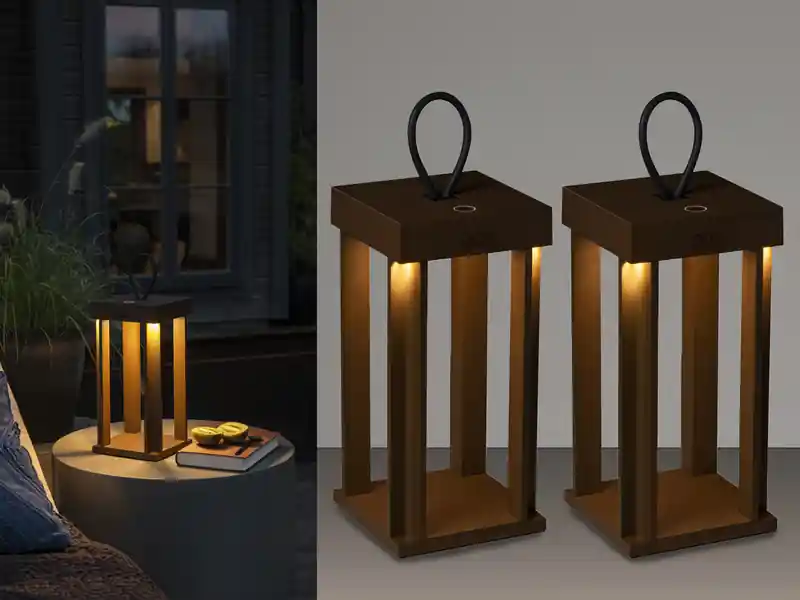 meineWunschleuchte 2er Set LED Outdoor Laternen per USB aufladbar für Boden & Tisch, Rost Höhe 42cm Preis Gesenkt