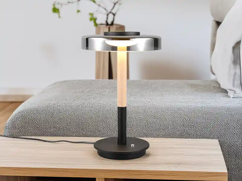Neuheit Trio Leuchten Dimmbare LED Tischleuchte CELESTE mit Holz & Glasschirm, Höhe 35cm