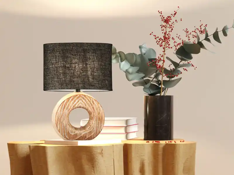 Kostenloser Rückversand meineWunschleuchte LED Tischlampe mit Keramikfuß Holzoptik & Leinenschirm Grau, Höhe 31cm