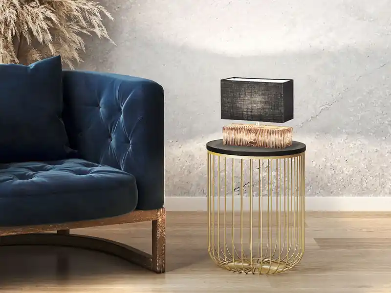 Saisonangebot meineWunschleuchte LED Tischlampe mit Keramikfuß Holzoptik & Leinenschirm Grau, Höhe 30cm