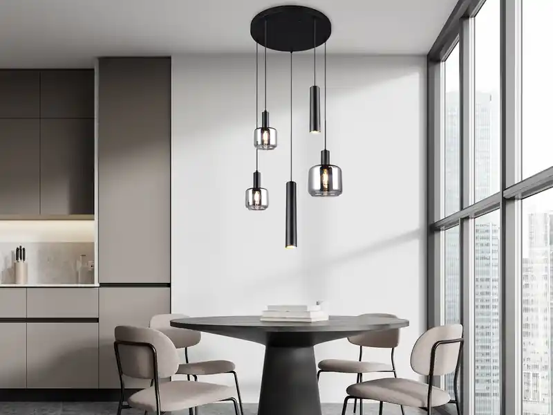 meineWunschleuchte LED Cluster Pendelleuchte 5-flammig aus Metall mit Glasschirmen Chrom, Ø 40cm Finale Aktion