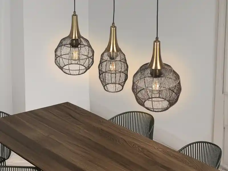 Schnäppchen meineWunschleuchte LED Pendelleuchte 3-flammig mit Drahtgeflecht Altmessing, Breite 86cm