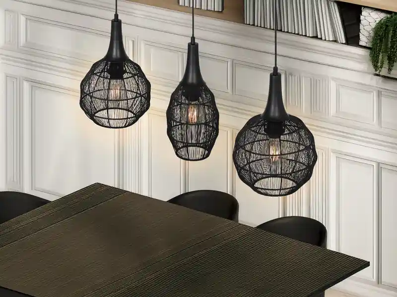 meineWunschleuchte LED Pendelleuchte 3-flammig mit Drahtgeflecht Schwarz, Breite 86cm Expressversand