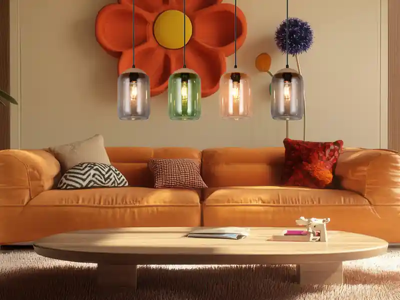 Geprüft Trio Leuchten Pendelleuchte CORK, Lampenschirme bunt aus recyceltem Glas, Breite 90cm