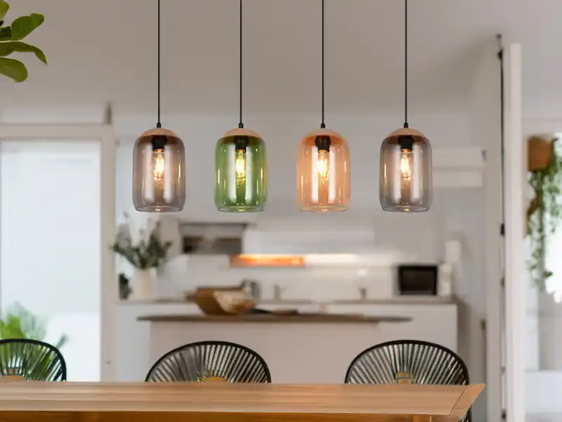 meineWunschleuchte LED Pendelleuchte Lampenschirme bunt aus recyceltem Glas, Breite 90cm Geprüft