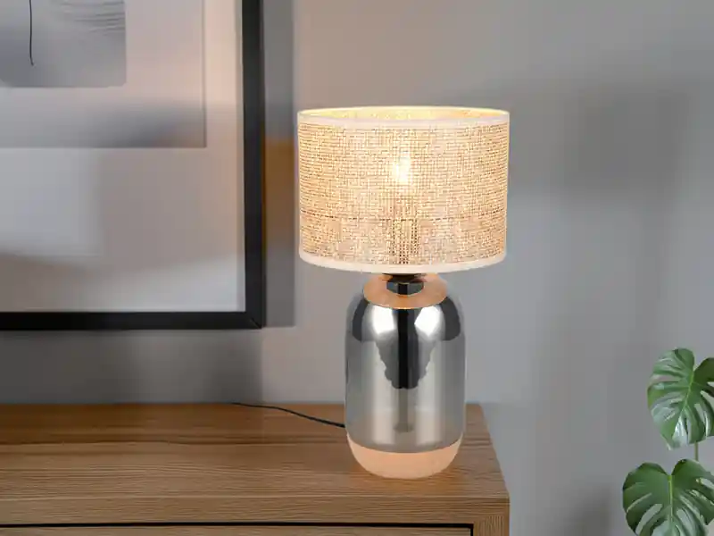 meineWunschleuchte Große LED Tischleuchte mit Rattanschirm, Kork und Glasfuß, Höhe 43cm Abverkauf