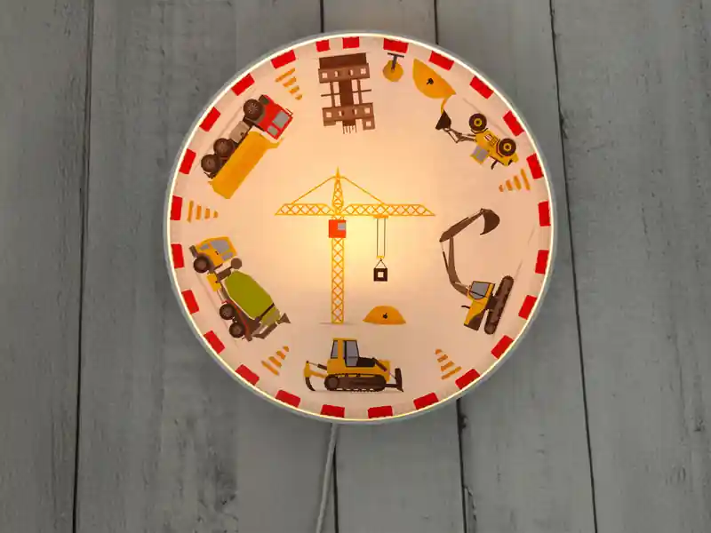 meineWunschleuchte Kinderzimmer Wandlampe Baustelle Ø 25cm mit Schalter, Kabel, Stecker & E14 LED Preisknaller
