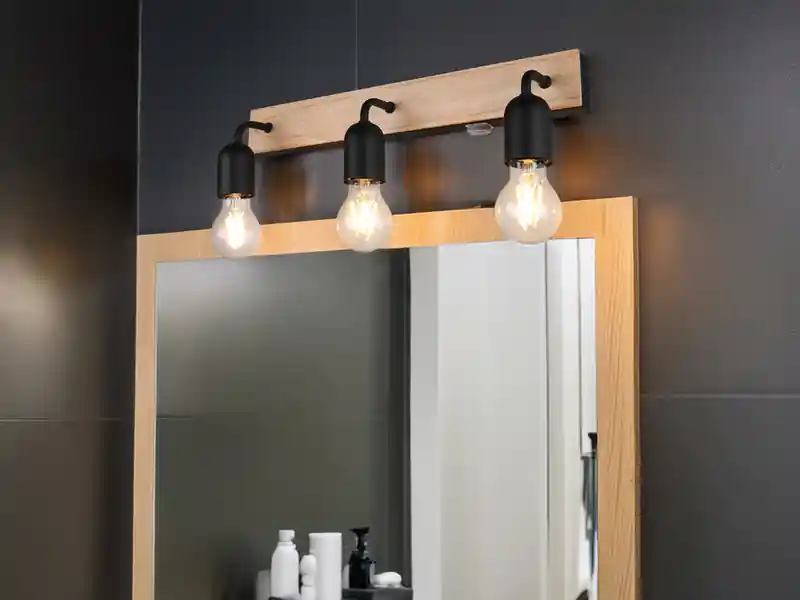 meineWunschleuchte LED Bad Wandleuchte mit Holz und Schalter, 3-flammig Breite 45cm Neue Ware