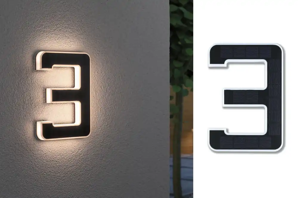 Solar LED Hausnummernleuchte Nummer 3 IP44 3000K 6lm Schwarz Schneller Versand