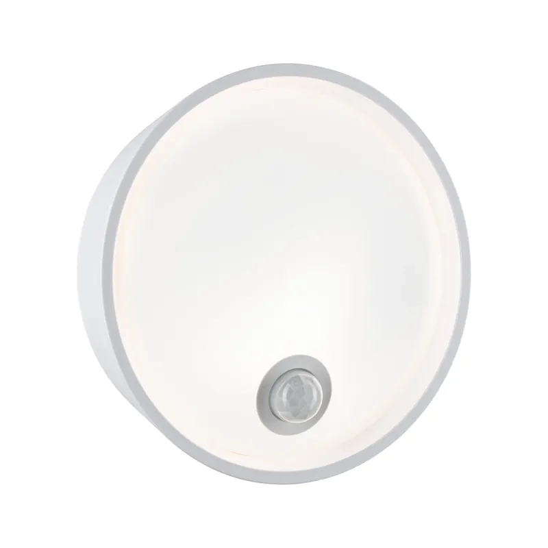 Super-Preis LED Außenwandleuchte Platomo Dämmerungsgesteuerter Bewegungsmelder (IR) seewasserresistent IP44 rund 180mm 3000K 14,5W 1200lm 230V Weiß Kunststoff