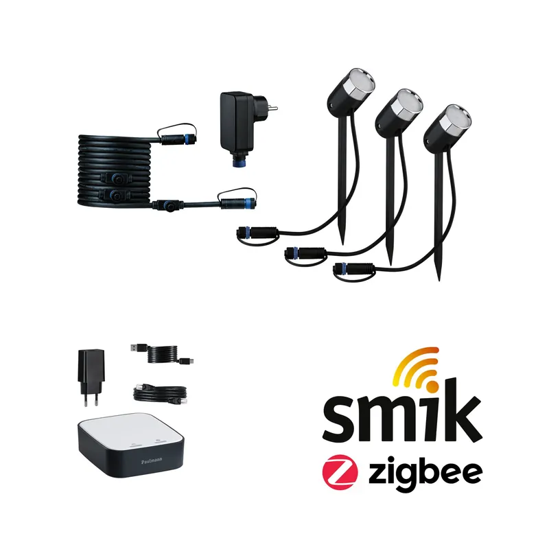 Plug & Shine Preisattraktives Starterset Zigbee 3.0 Smart Home smik Gateway + LED Gartenstrahler Pike Basisset RGBW+ Echt