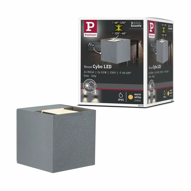 Neu Paulmann LED Außenwandleuchte Cybo Grau Up & Down IP65 eckig 2700K 2x3,5W