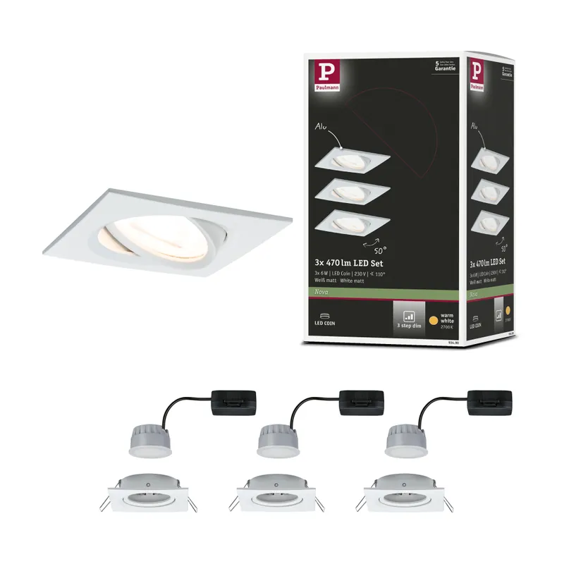 Paulmann LED Einbauleuchte Nova Coin 3er Set eckig 6W IP23 Weiß (matt) schwenkbar dimmbar 3-step-dim 2700K 230V Rabatt