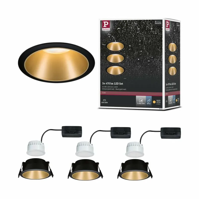 Paulmann LED Einbauleuchte Cole Coin Schwarz/Gold matt 3er-Set 6W 470lm 2700K IP44 3-Step-Dim Wochenendangebot