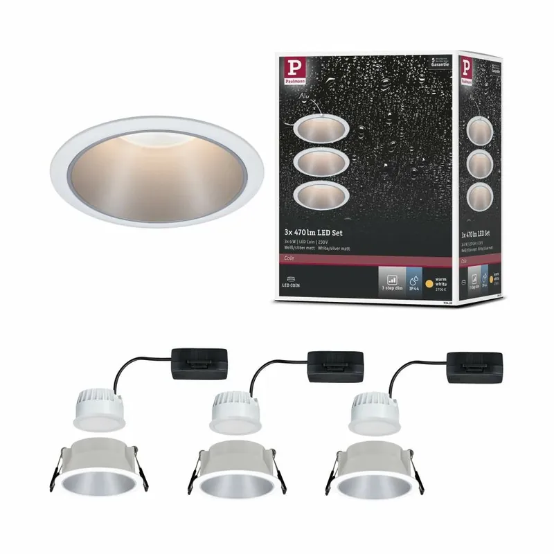 Paulmann LED Einbauleuchte Cole Coin Weiß/Silber 3er-Set 6W 470lm 2700K IP44 3-Step-Dim Begrenztes Angebot