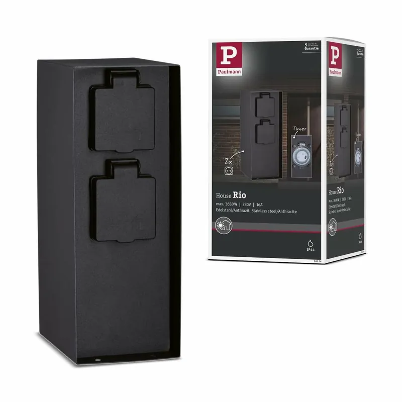Paulmann Outdoor Steckdosensäule Rio eckig 2 fach Zeitschaltuhr Mega-Angebot