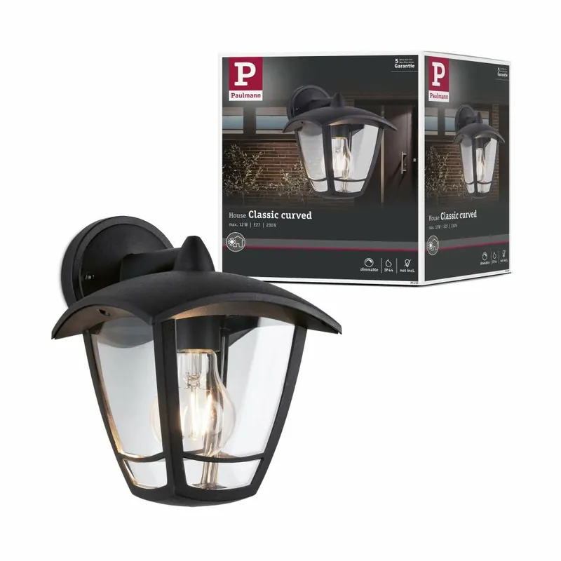 Versand Am Gleichen Tag Paulmann Außenwandleuchte Classic Curved IP44 190mm max. 12W 230V Klar/Schwarz Kunststoff