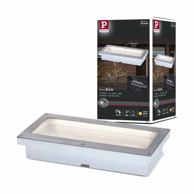 Paulmann LED Bodeneinbauleuchte Brick 20x10cm mit Bewegungsmelder & Dämmerungssensor aluminium grau rostfrei IP67 3000K 230V Sichere Zahlung