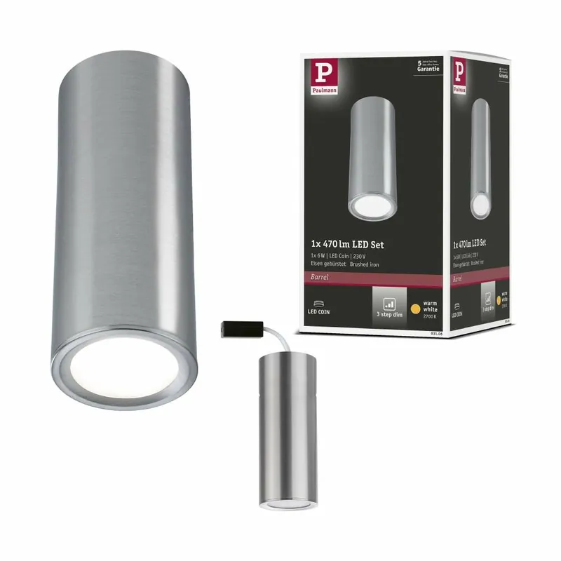 Kostenloser Versand Paulmann LED Deckenleuchte 3-Step-Dim Barrel 2700K 470lm 230V 6W dimmbar Eisen gebürstet