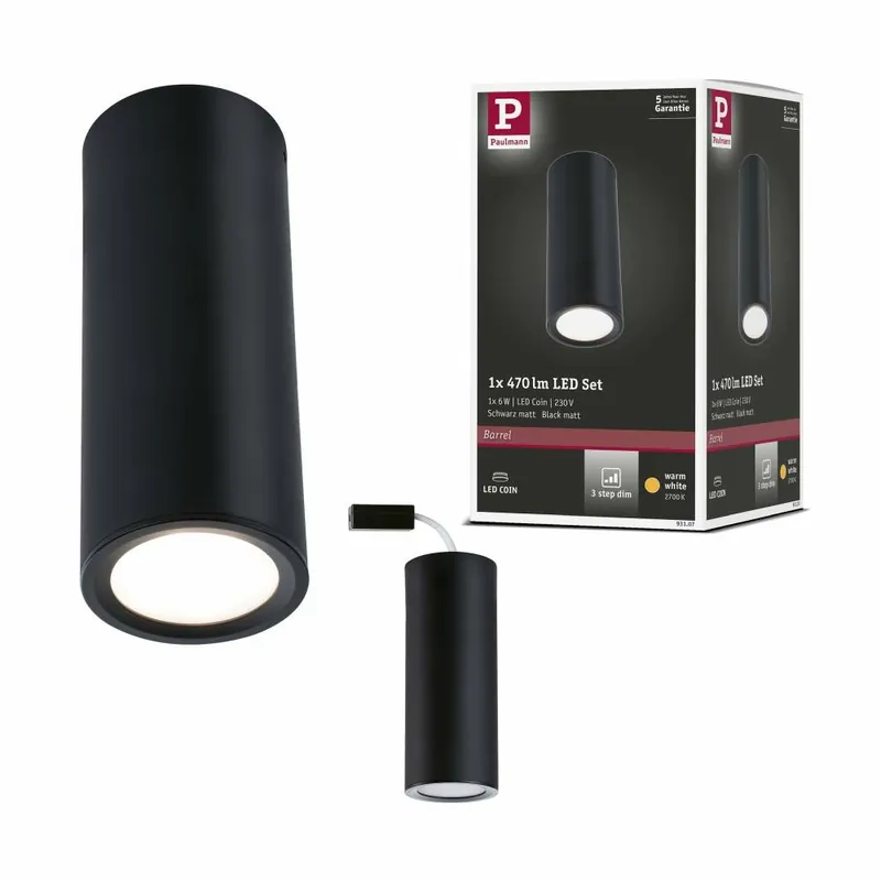 Preis Gesenkt Paulmann LED Deckenleuchte 3-Step-Dim Barrel 2700K 470lm 230V 6W dimmbar Schwarz matt