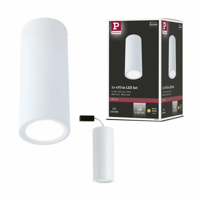 Bestpreis Paulmann LED Deckenleuchte 3-Step-Dim Barrel 2700K 470lm 230V 6W dimmbar Weiß matt