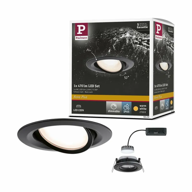 Paulmann LED Einbauleuchte Nova Plus Coin Einzelleuchte schwenkbar IP65 rund 93mm 30° Coin 6W 470lm 230V dimmbar 2700K Schwarz matt Sale