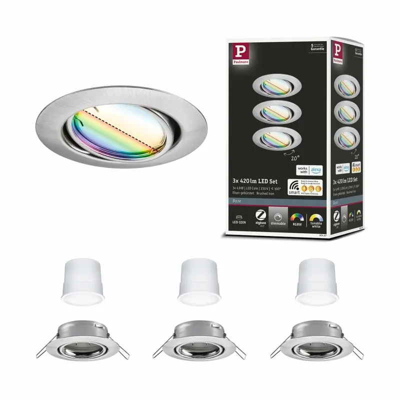 Letzte Chance Paulmann LED Einbauleuchte Smart Home Zigbee Base Coin Basisset schwenkbar rund 90mm 20° 3x4,9W 3x420lm 230V dimmbar RGBW+ Eisen gebürstet