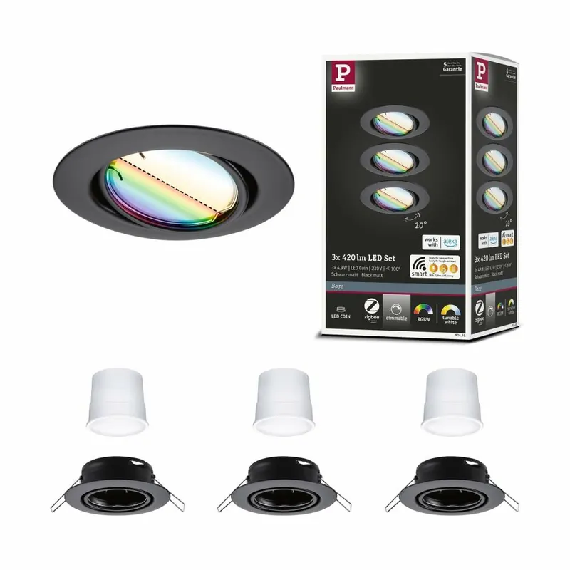 Paulmann LED Einbauleuchte Smart Home Zigbee Base Coin Basisset schwenkbar rund 90mm 20° 3x4,9W 3x420lm 230V dimmbar RGBW+ Schwarz matt Aktuell