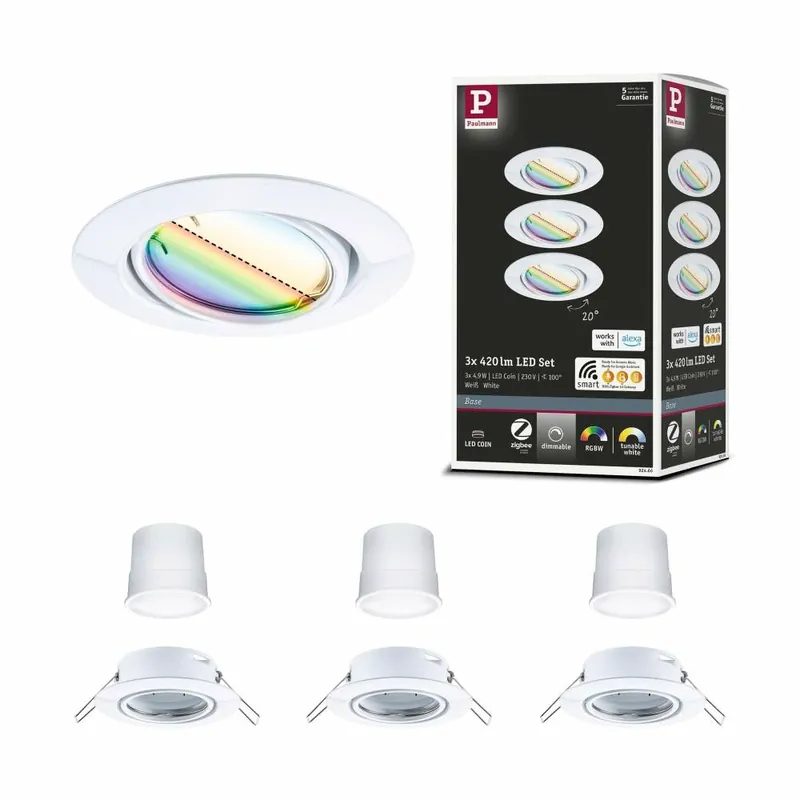 Paulmann LED Einbauleuchte Smart Home Zigbee Base Coin Basisset schwenkbar rund 90mm 20° 3x4,9W 3x420lm 230V dimmbar RGBW+ Weiß Neue Kollektion