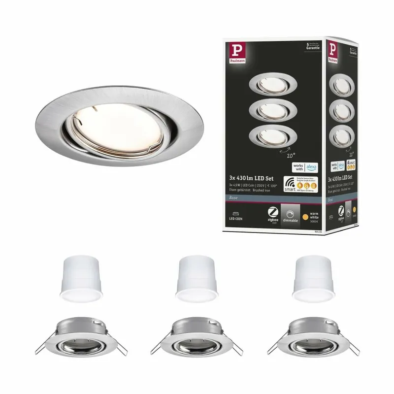 Paulmann LED Einbauleuchte Smart Home Zigbee Base Coin Basisset schwenkbar rund 90mm 20° 3x4,9W 3x430lm 230V dimmbar 3000K Eisen gebürstet Beliebt