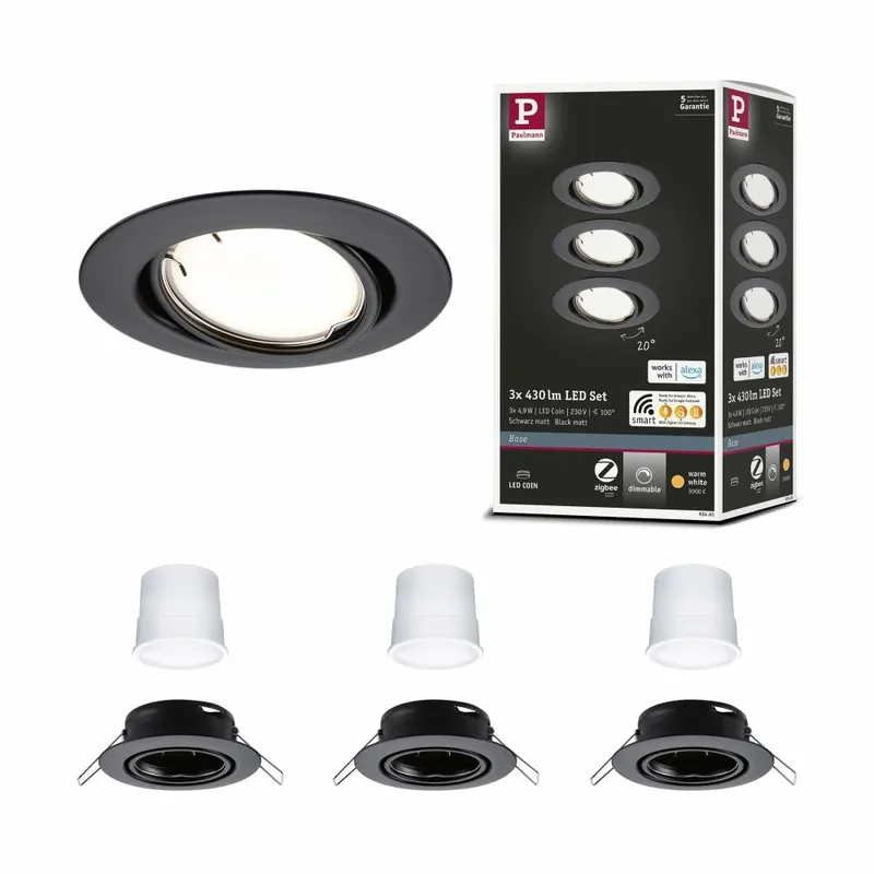 Paulmann LED Einbauleuchte Smart Home Zigbee Base Coin Basisset schwenkbar rund 90mm 20° 3x4,9W 3x430lm 230V dimmbar 3000K Schwarz matt Finale Aktion