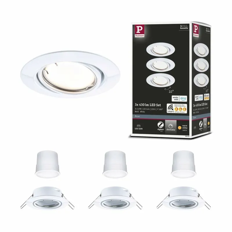 Paulmann LED Einbauleuchte Smart Home Zigbee Base Coin Basisset schwenkbar rund 90mm 20° 3x4,9W 3x430lm 230V dimmbar 3000K Weiß Super-Preis