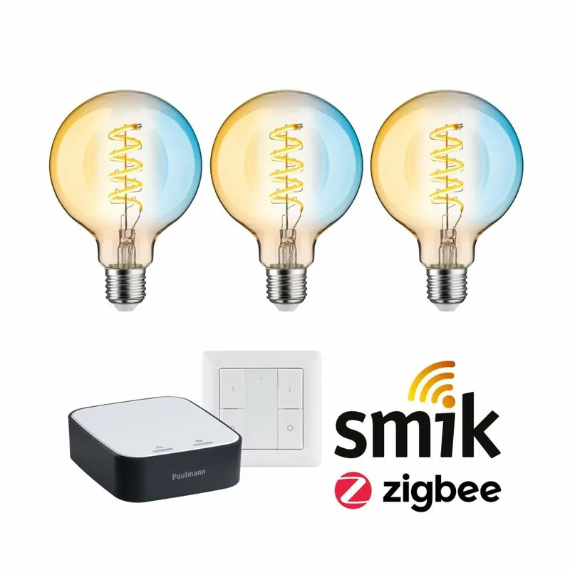 Markenware Paulmann Preisattraktives Starterset Zigbee 3.0 Smart Home smik Gateway + LED Birne Filament G95 Tunable White + Schalter