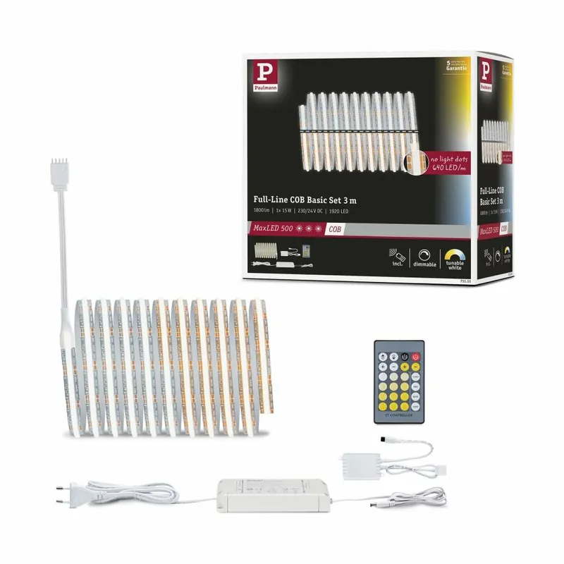Paulmann MaxLED 500 LED Strip Full-Line COB Basisset 3m 15W 600lm/m 640LEDs/m Tunable White 36VA Billig